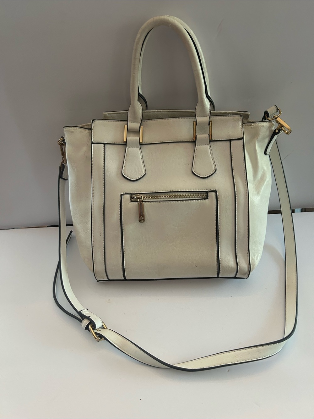 Charming Charlie Cream Tote with Black Trim and Gold Hardware